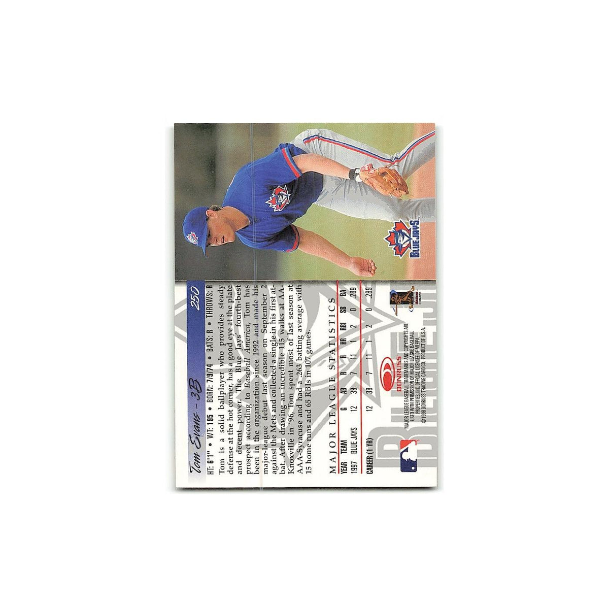 Tom Evans Rookie 1998 Donruss #250 Toronto Blue Jays Baseball Card NM