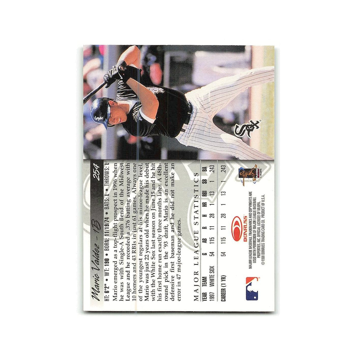 Mario Valdez Rookie 1998 Donruss #254 Chicago White Sox Baseball Card NM