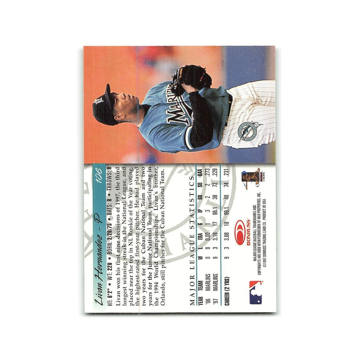 Livan Hernandez Rookie 1998 Donruss #106 Florida Marlins Baseball Card NM