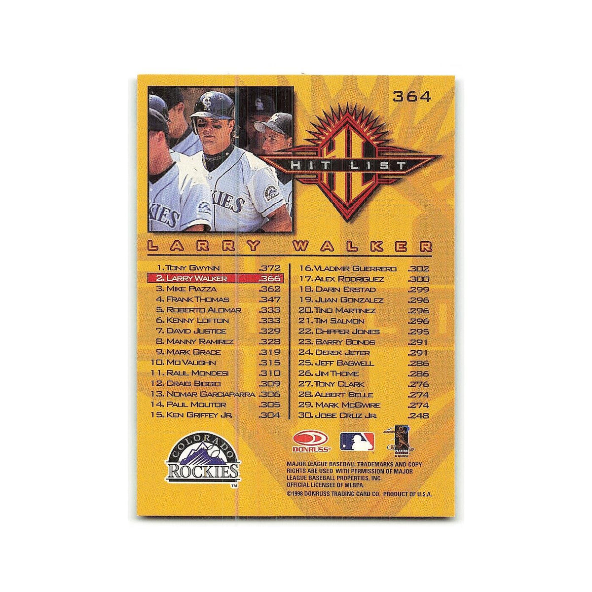 Larry Walker 1998 Donruss #364 Colorado Rockies Baseball Card NM