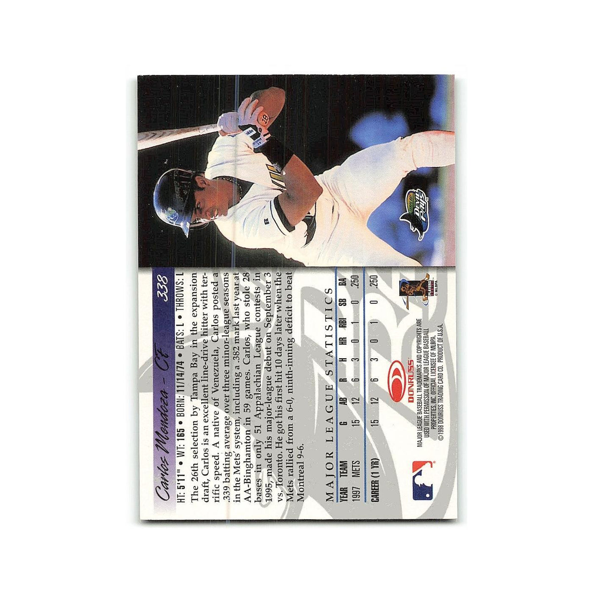 Carlos Mendoza Rookie 1998 Donruss #338 Tampa Bay Devil Rays Baseball Card NM
