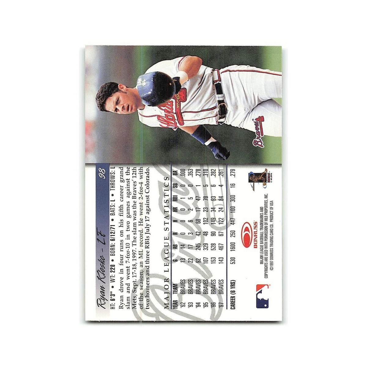 Ryan Klesko 1998 Donruss #98 Atlanta Braves Baseball Card NM
