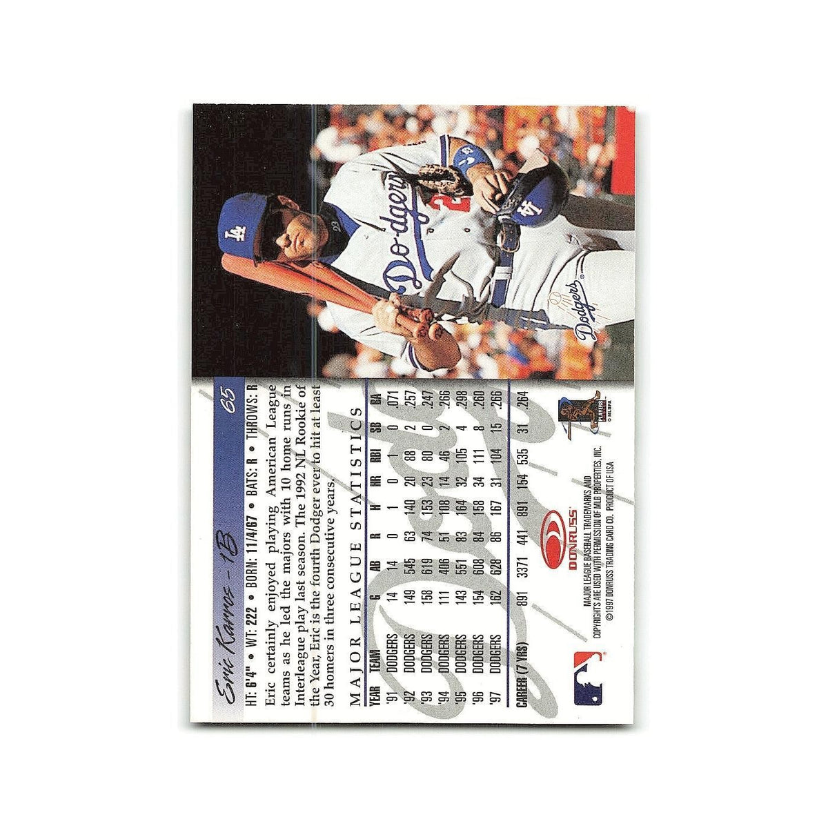 Eric Karros 1998 Donruss #65 Los Angeles Dodgers Baseball Card NM