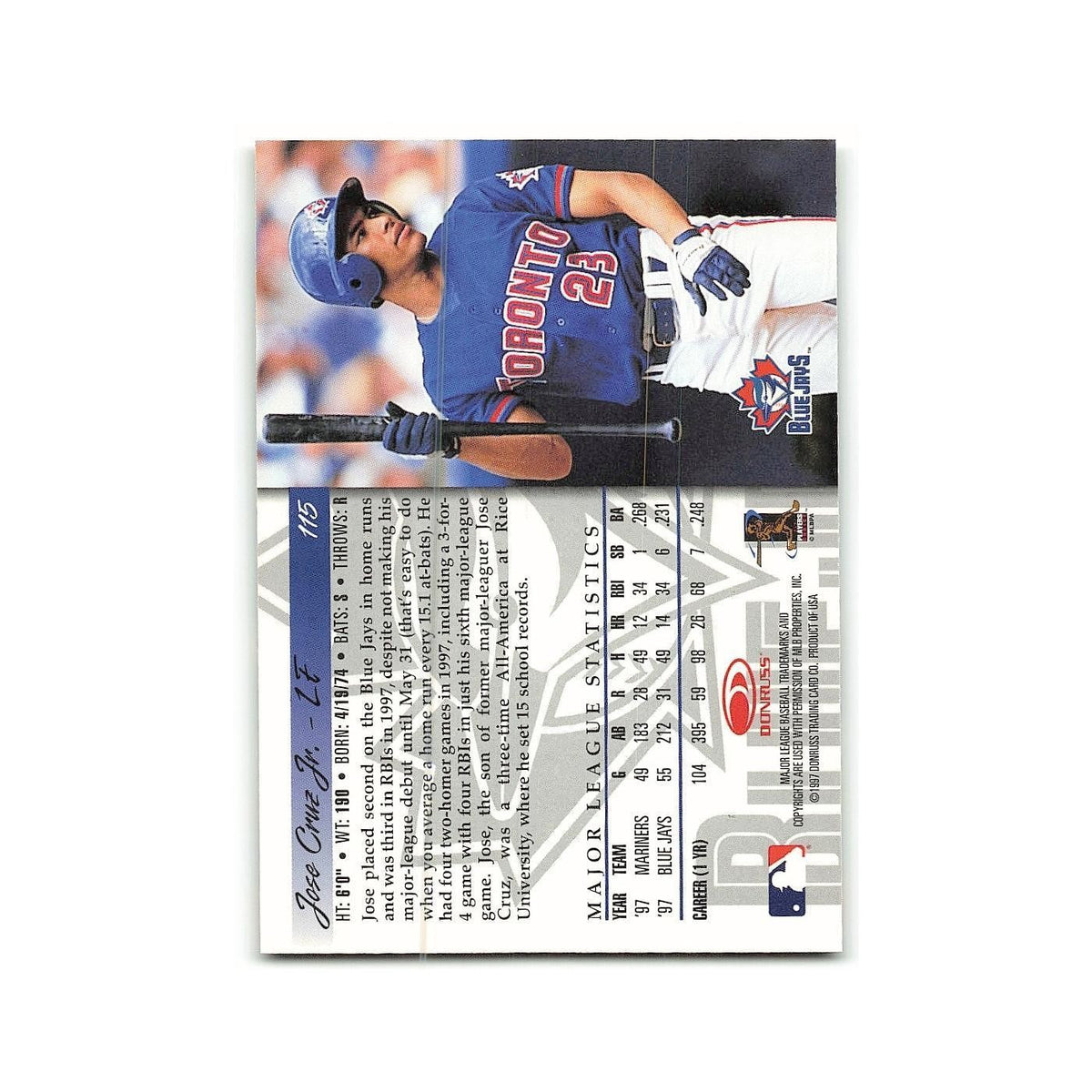 Jose Cruz Jr. 1998 Donruss #115 Toronto Blue Jays Baseball Card NM
