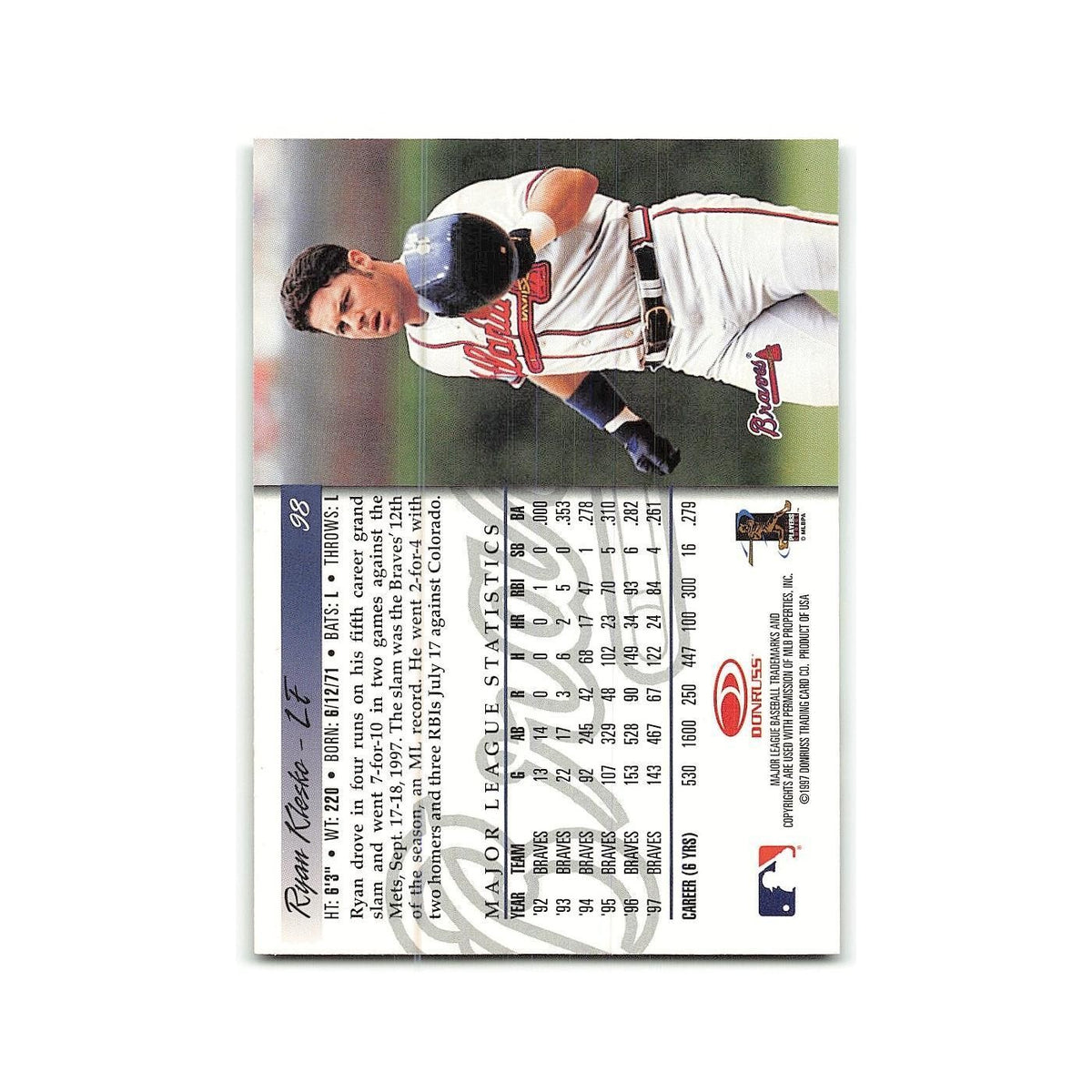 Ryan Klesko 1998 Donruss #98 Atlanta Braves Baseball Card NM