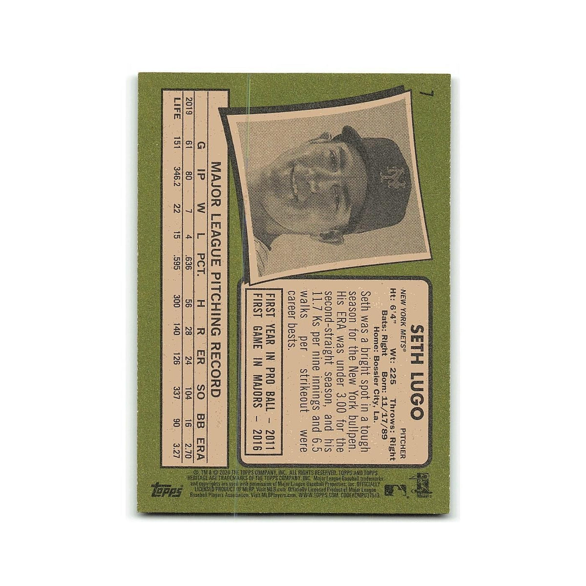 Seth Lugo 2020 Topps Heritage #7 New York Mets Baseball Card NM
