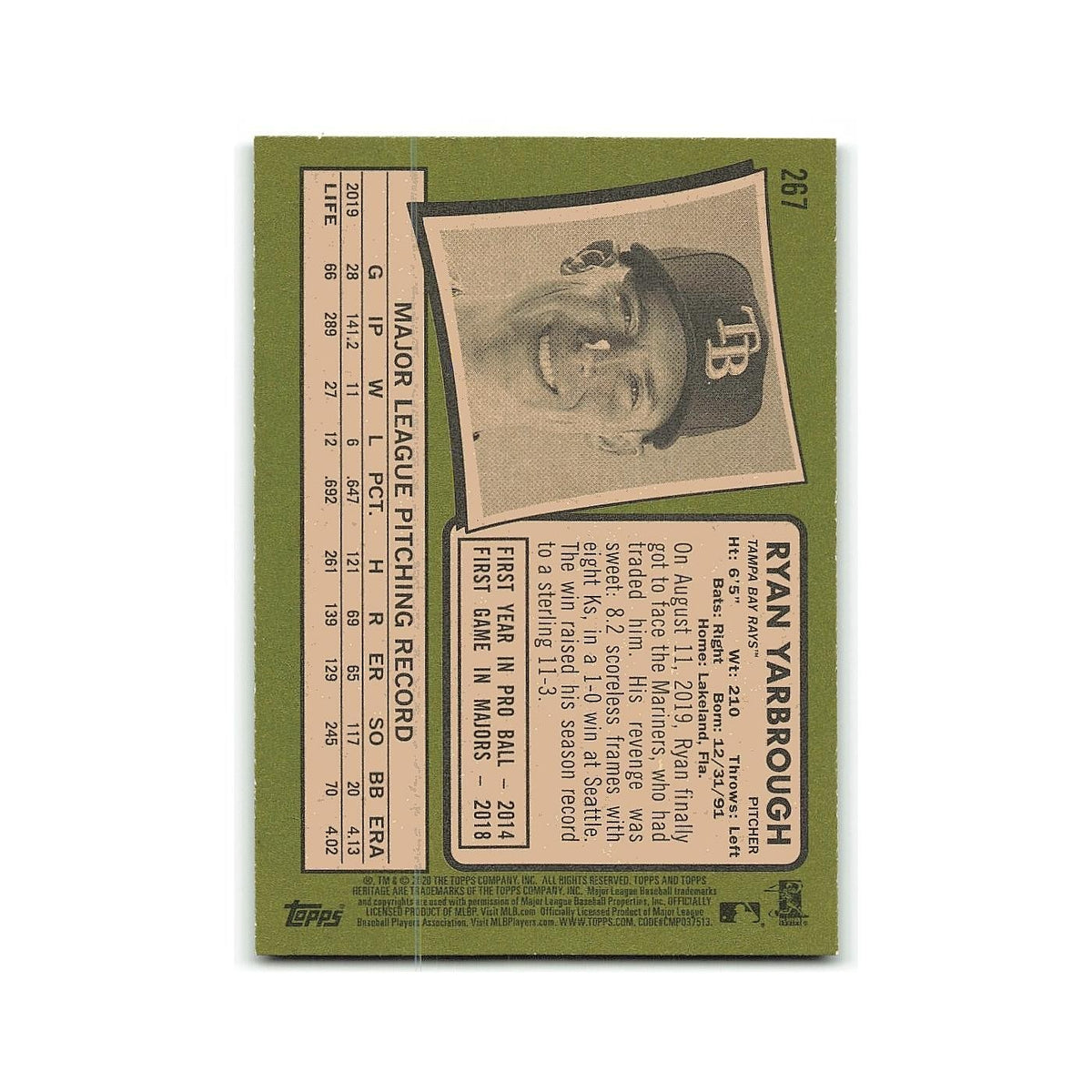 Ryan Yarbrough 2020 Topps Heritage #267 Tampa Bay Rays Baseball Card NM
