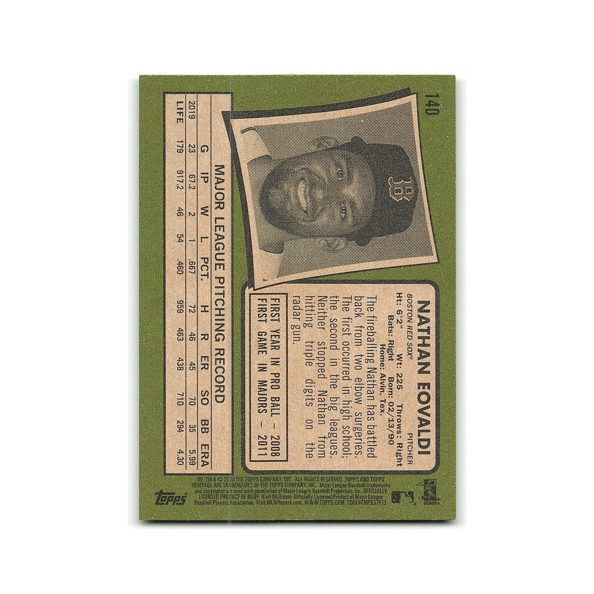 Nathan Eovaldi 2020 Topps Heritage #140 Boston Red Sox Baseball Card NM