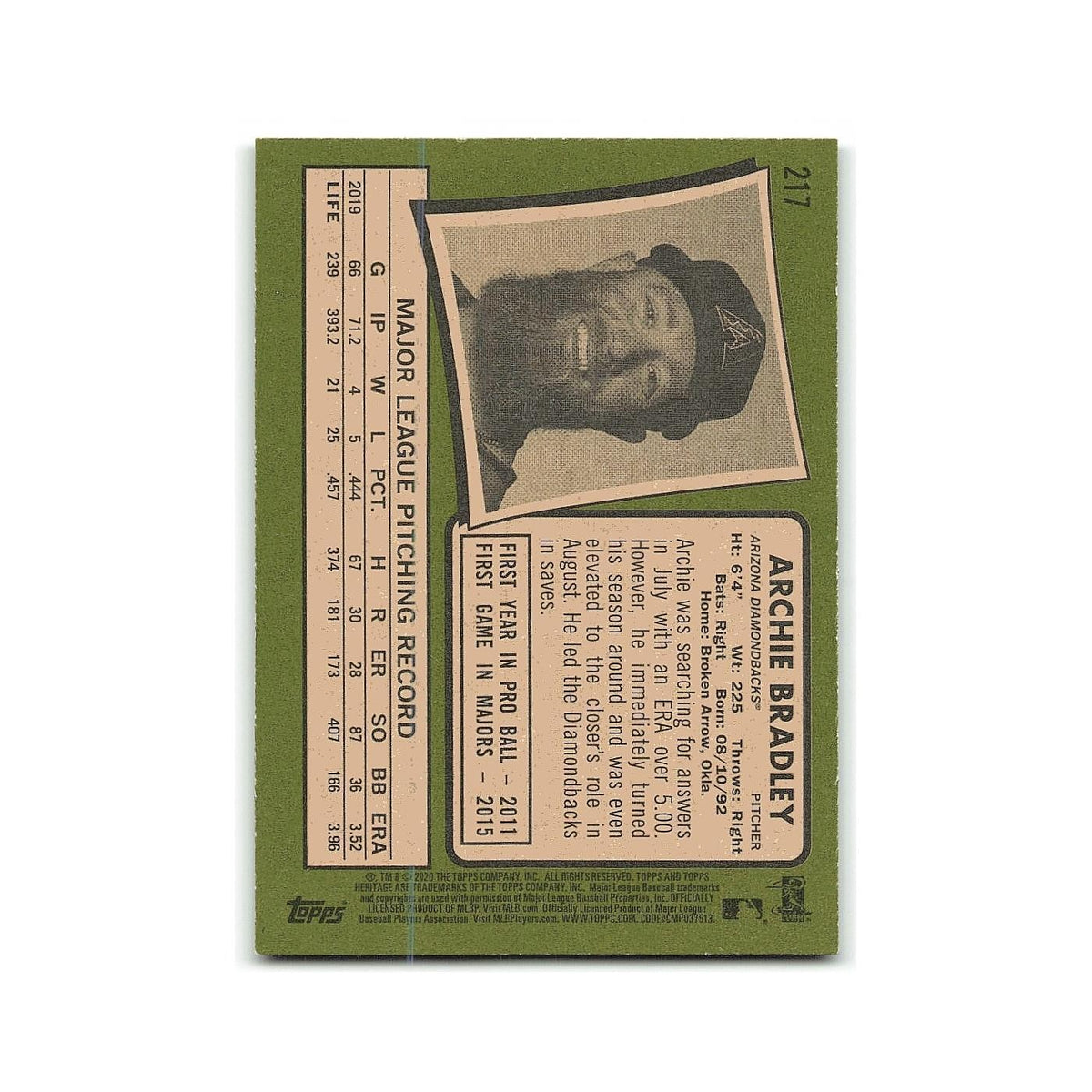 Archie Bradley 2020 Topps Heritage #217 Arizona Diamondbacks Baseball Card NM