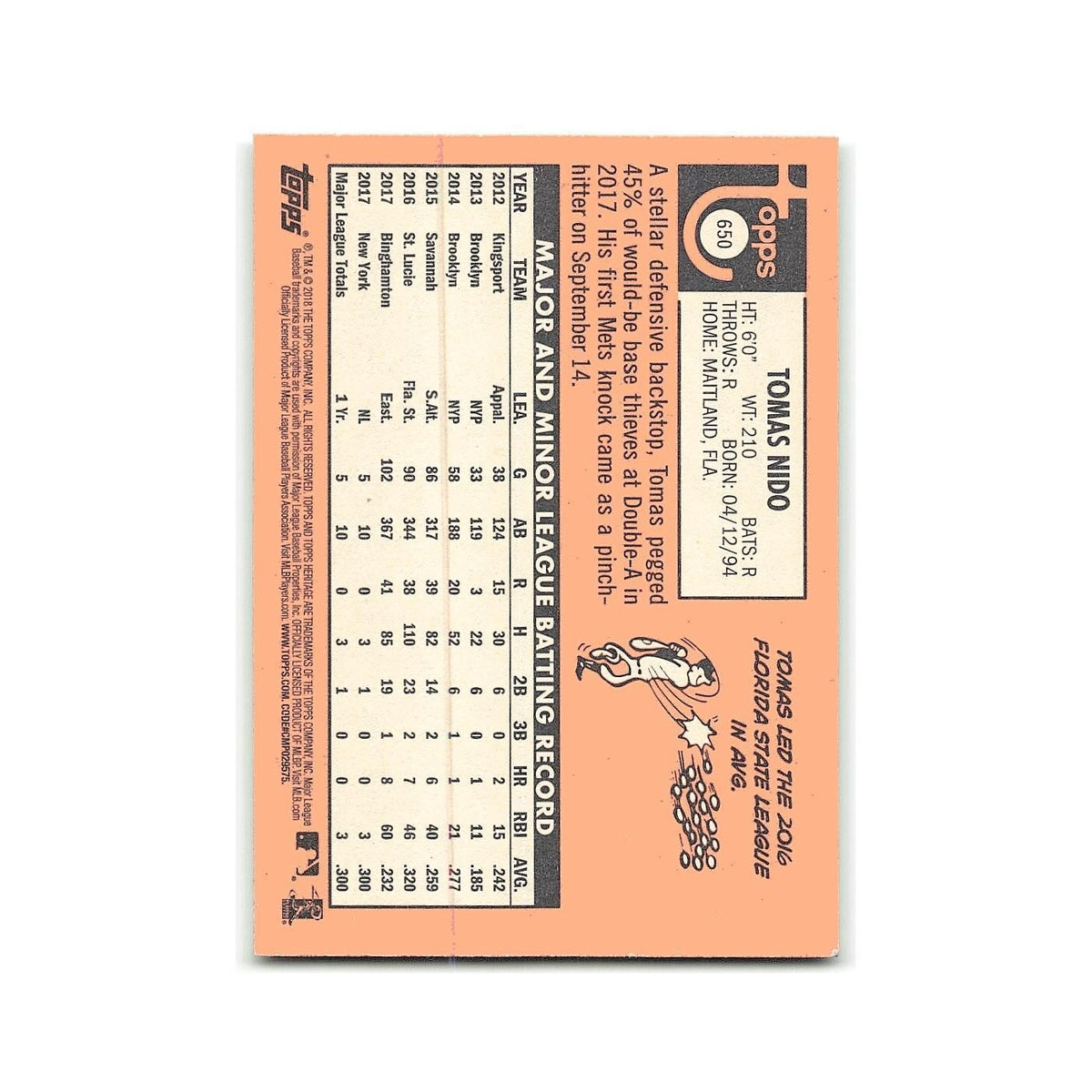Tomas Nido Rookie 2018 Topps Heritage #650 New York Mets Baseball Card NM