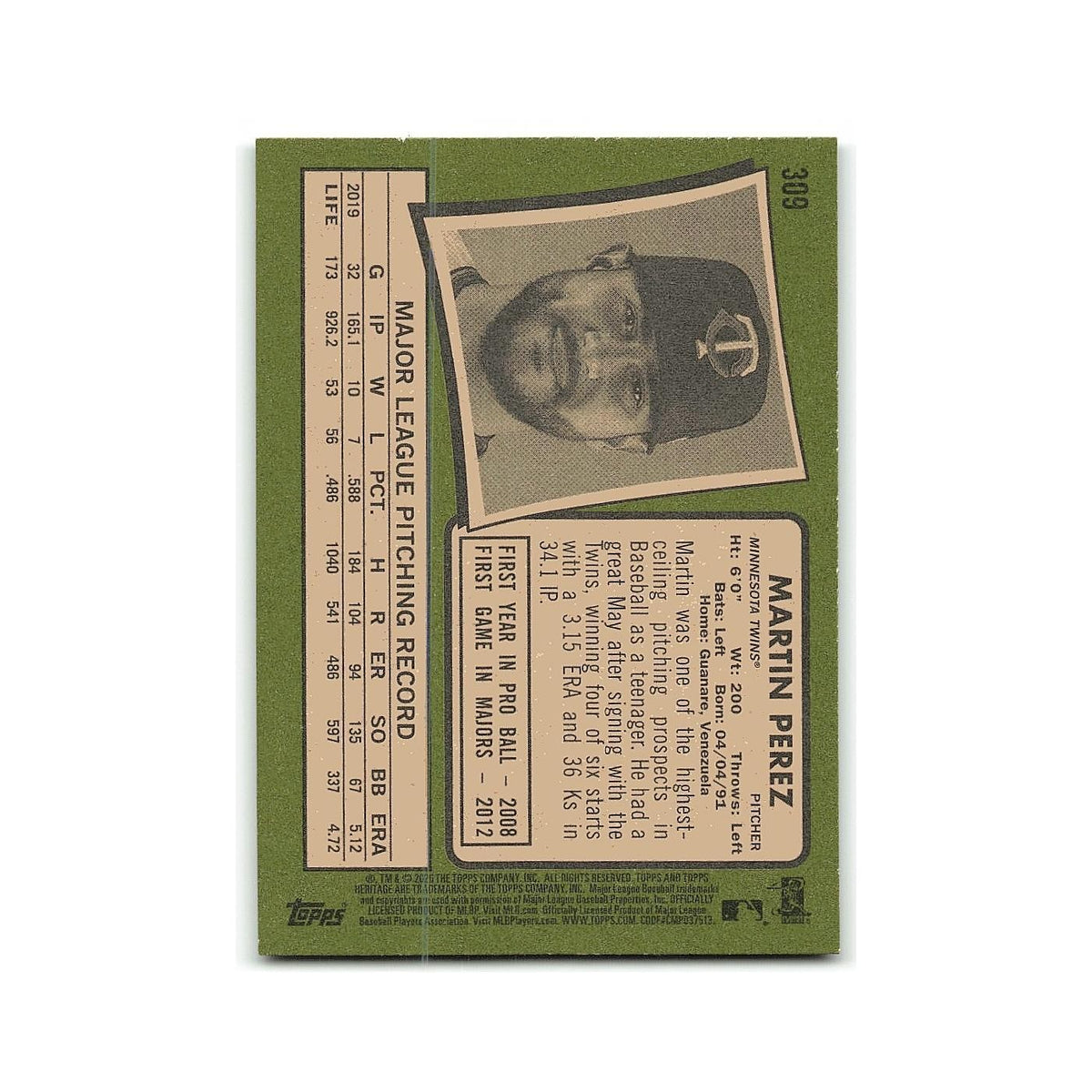 Martin Perez 2020 Topps Heritage #309 Minnesota Twins Baseball Card NM