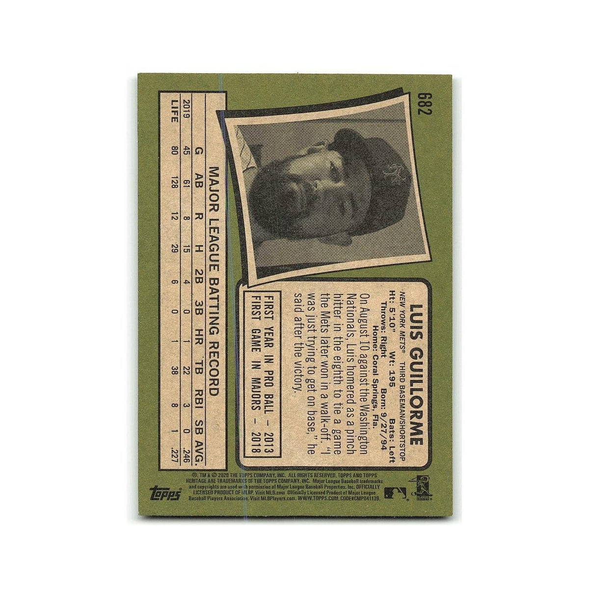 Luis Guillorme 2018 Topps Heritage #682 New York Mets Baseball Card NM