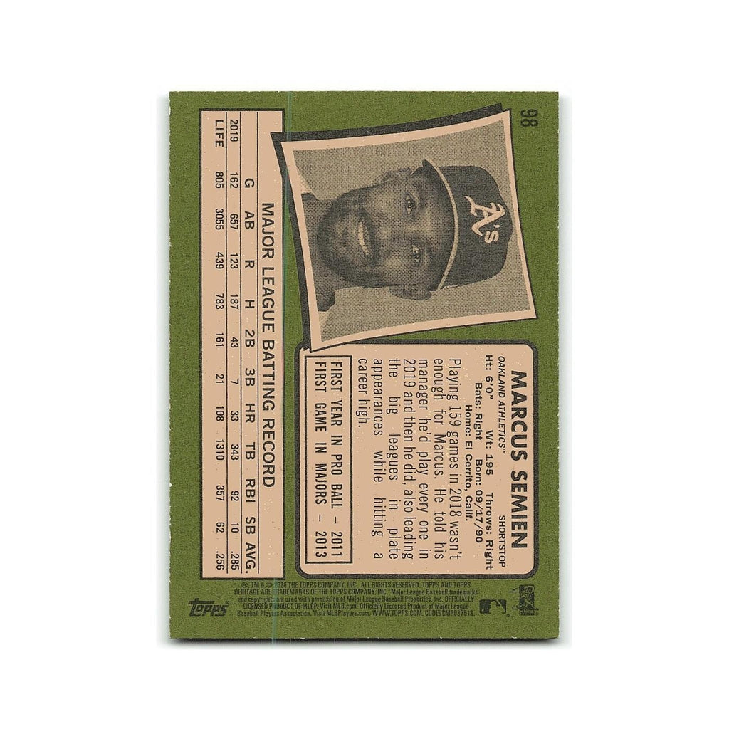 Marcus Semien 2020 Topps Heritage #98 Oakland Athletics Baseball Card NM