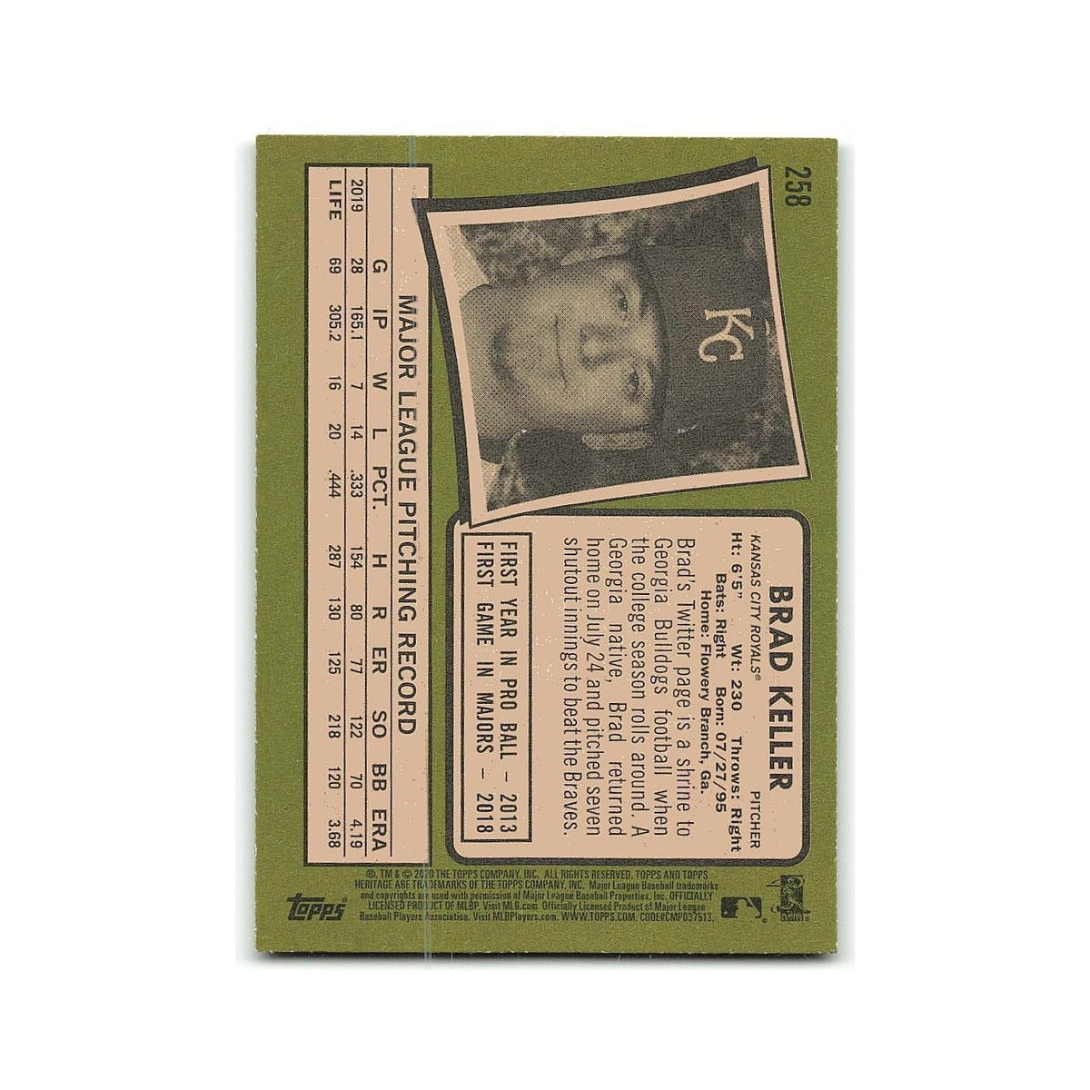 Brad Keller 2020 Topps Heritage #258 Kansas City Royals Baseball Card NM
