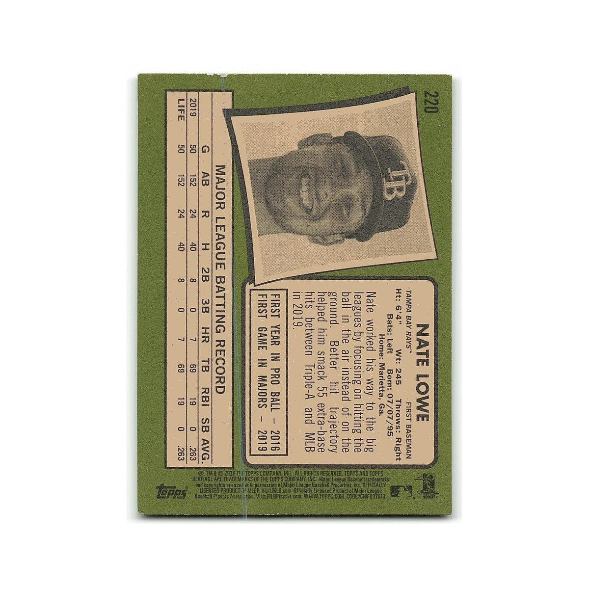 Nate Lowe 2020 Topps Heritage #220 Tampa Bay Rays Baseball Card NM