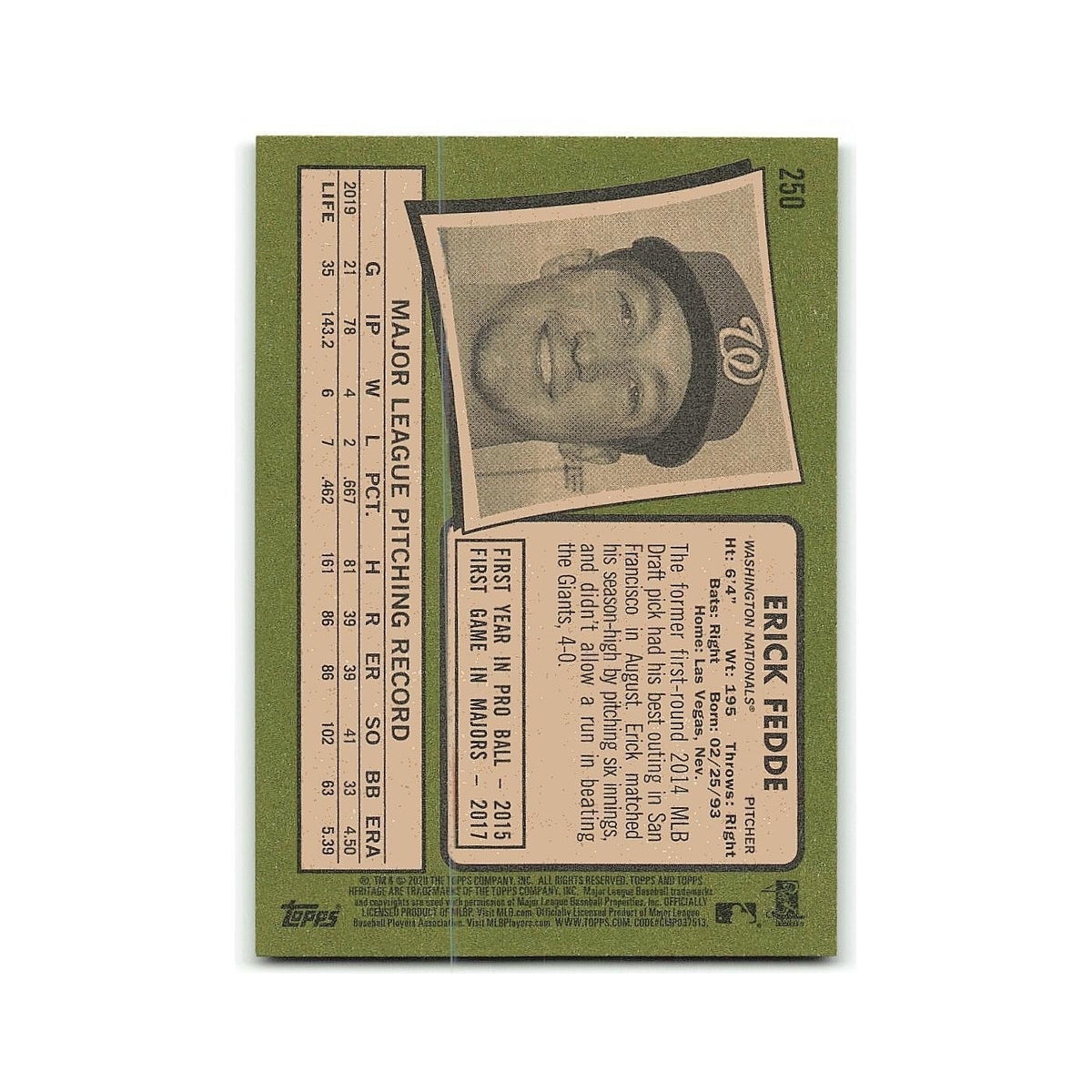 Erick Fedde 2020 Topps Heritage #250 Washington Nationals Baseball Card NM