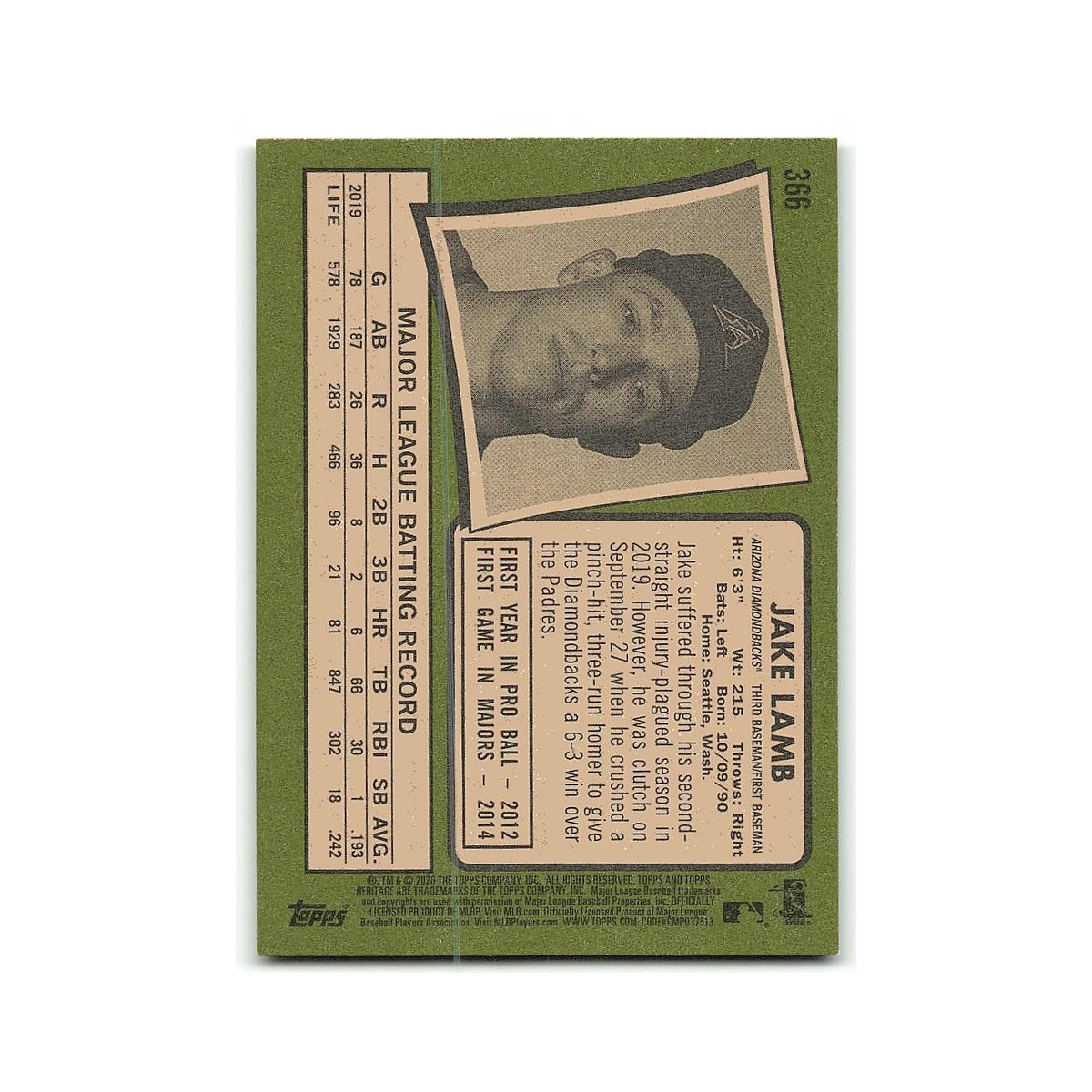 Jake Lamb 2020 Topps Heritage #366 Arizona Diamondbacks Baseball Card NM