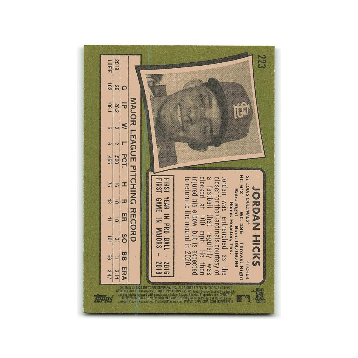 Jordan Hicks 2020 Topps Heritage #223 St. Louis Cardinals Baseball Card NM