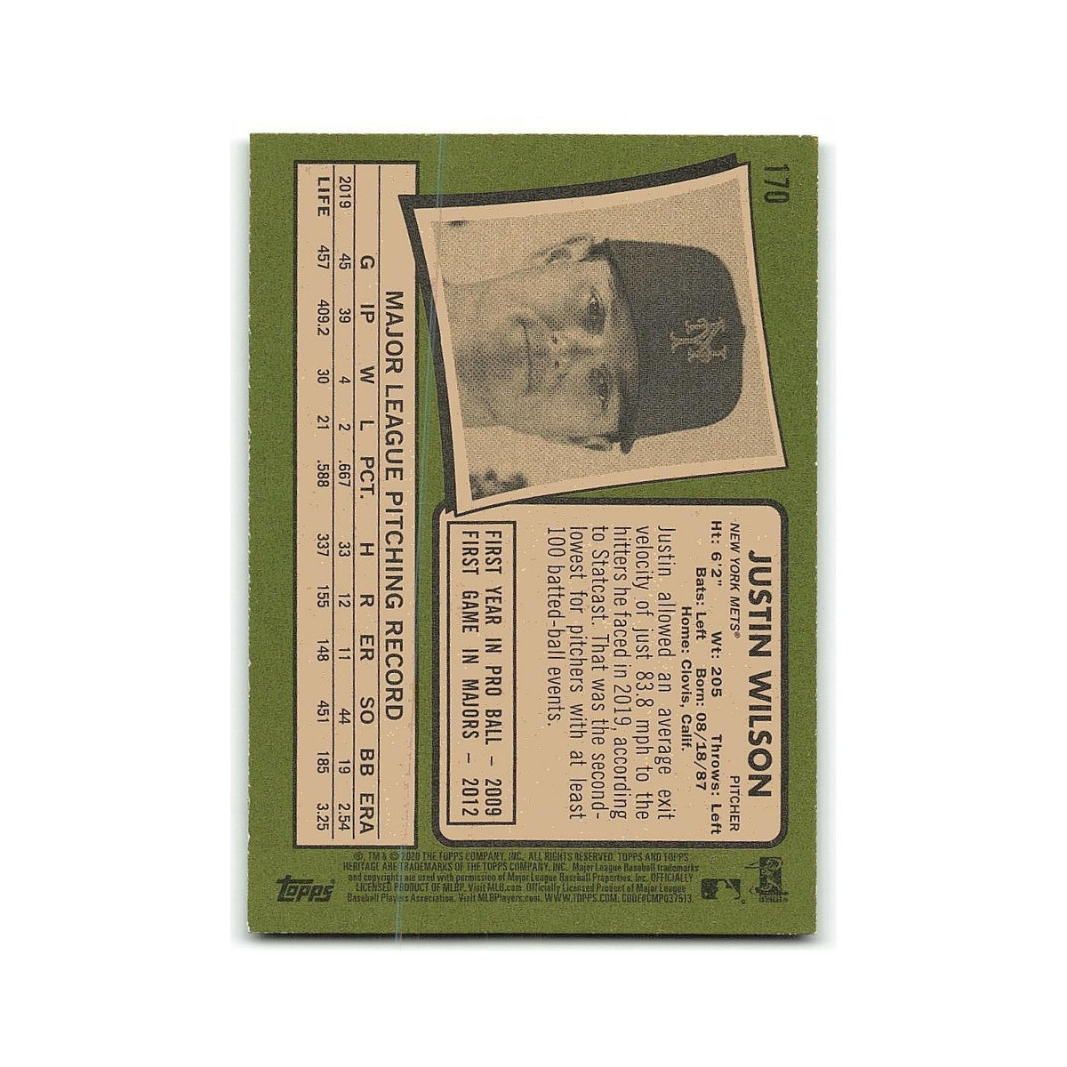 Justin Wilson 2020 Topps Heritage #170 New York Mets Baseball Card NM