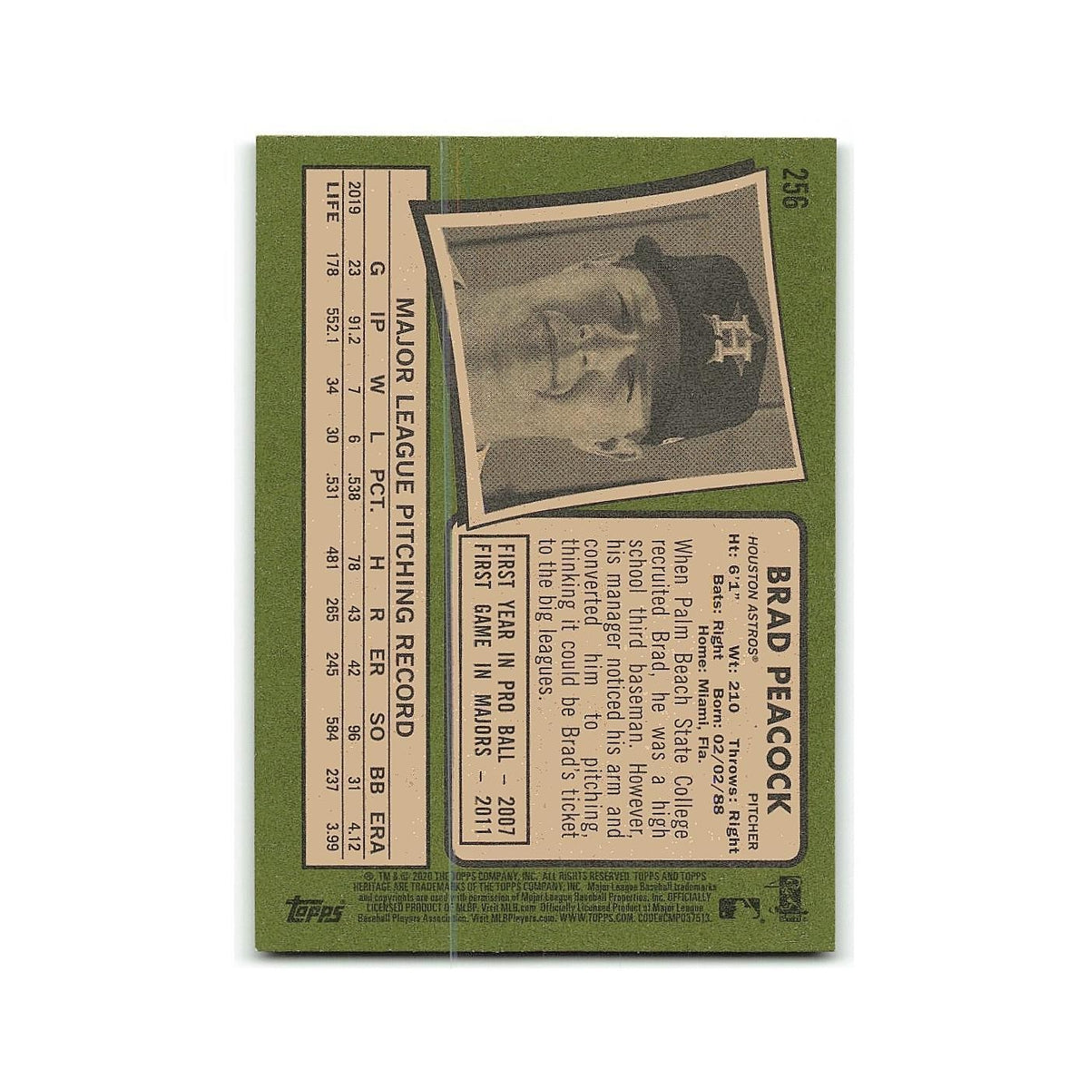 Brad Peacock 2020 Topps Heritage #256 Houston Astros Baseball Card NM