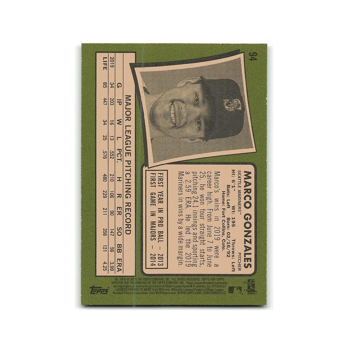 Marco Gonzales 2020 Topps Heritage #94 Seattle Mariners Baseball Card NM