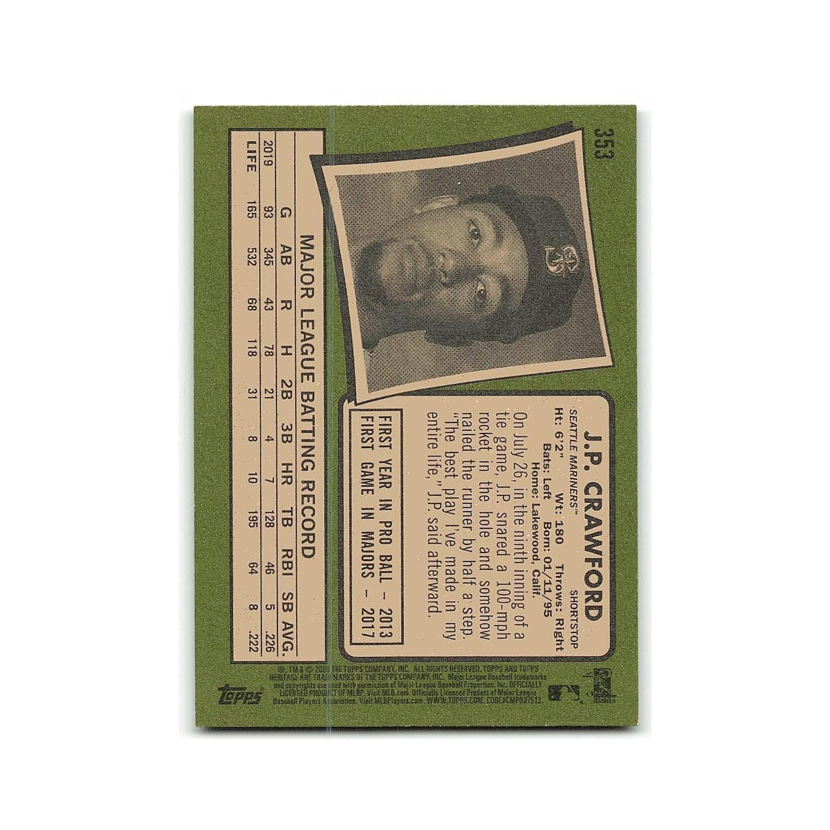 J.P. Crawford 2020 Topps Heritage #353 Seattle Mariners Baseball Card NM