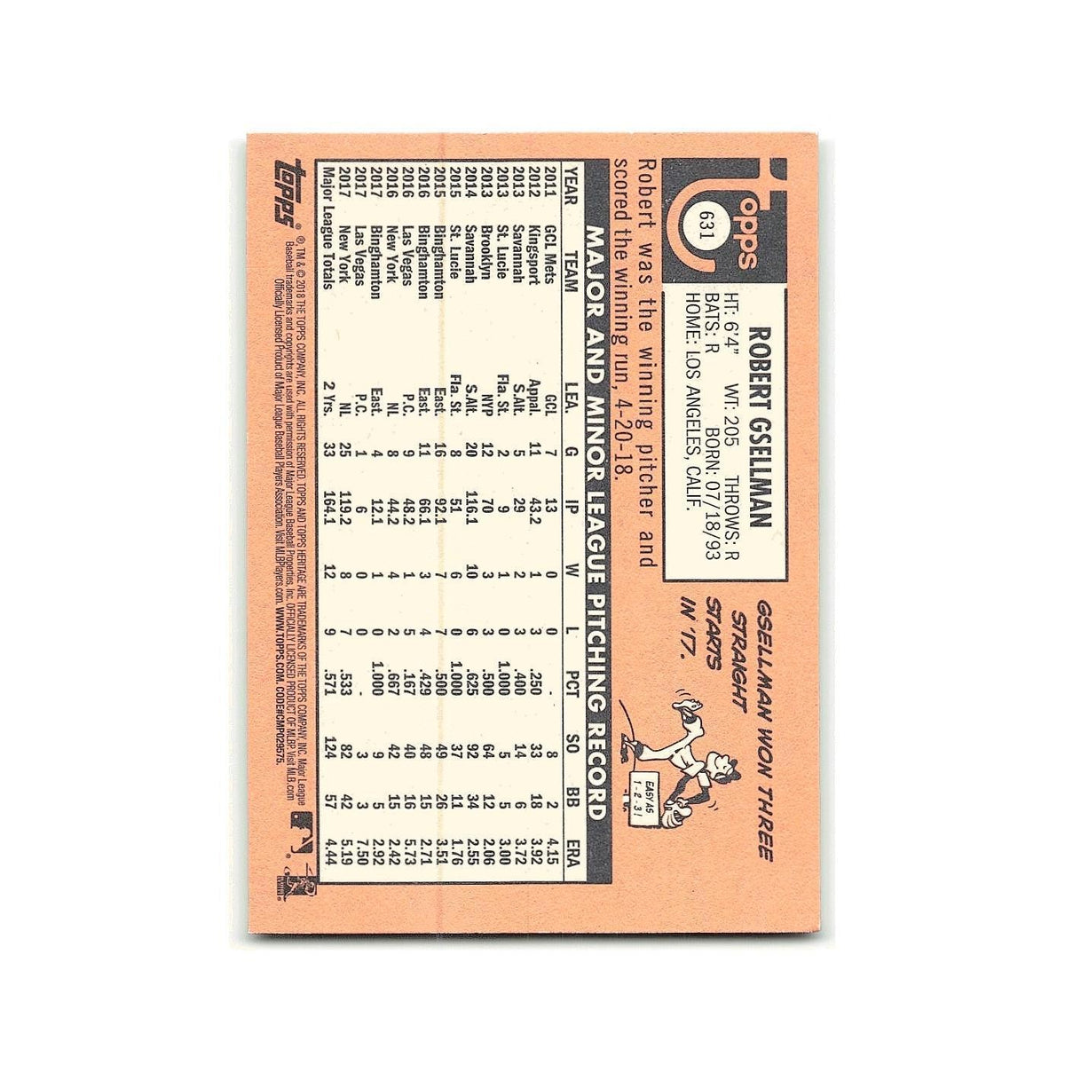 Robert Gsellman 2018 Topps Heritage #631 New York Mets Baseball Card NM