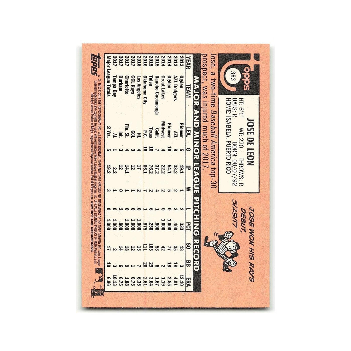 Jose de Leon 2018 Topps Heritage #383 Tampa Bay Rays Baseball Card NM