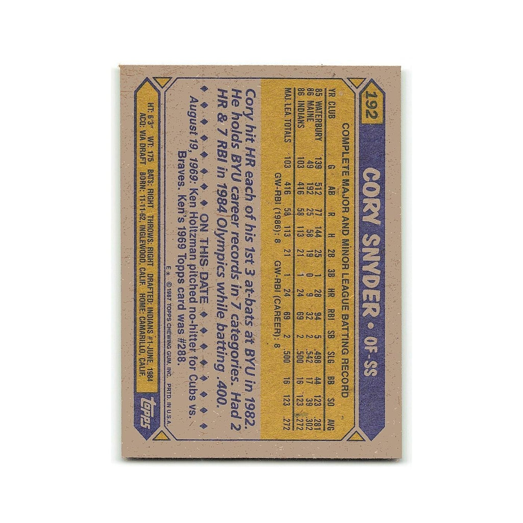 Cory Snyder Rookie Gold Cup 1987 Topps #192 Cleveland Indians Baseball Card NM