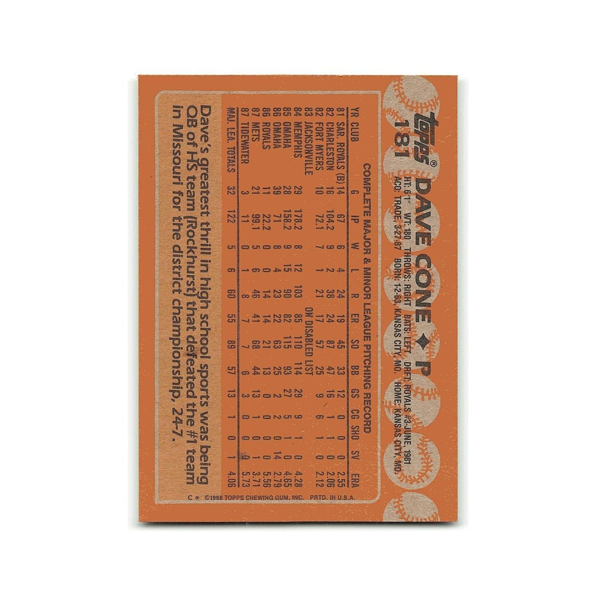 Dave Cone 1988 Topps #181 New York Mets Baseball Card NM
