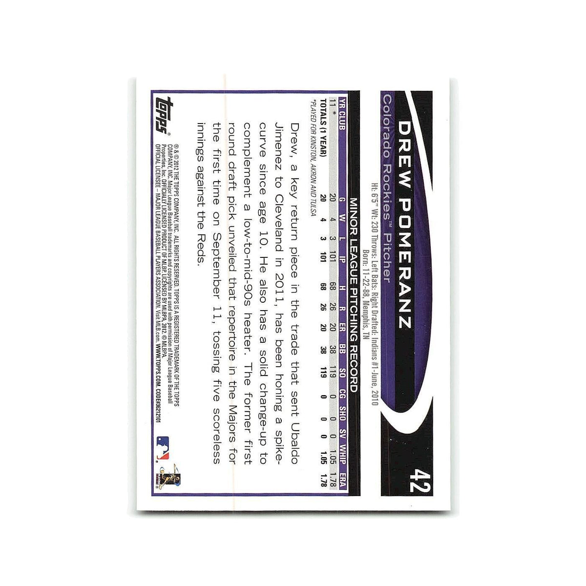 Drew Pomeranz Rookie 2012 Topps #42 Colorado Rockies Baseball Card NM
