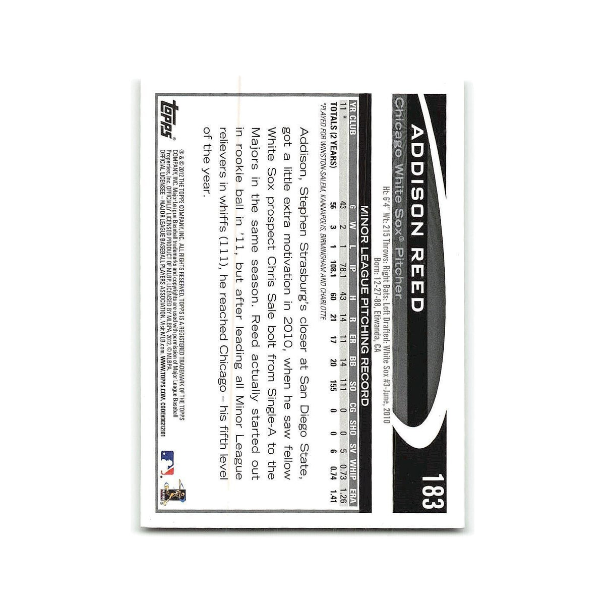 Addison Reed Rookie 2012 Topps #183 Chicago White Sox Baseball Card NM