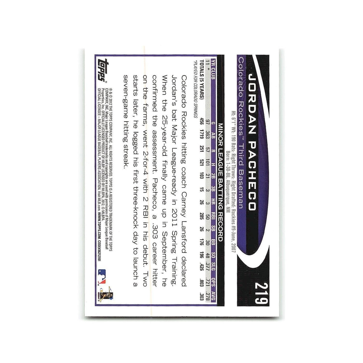 Jordan Pacheco Rookie 2012 Topps #219 Colorado Rockies Baseball Card NM
