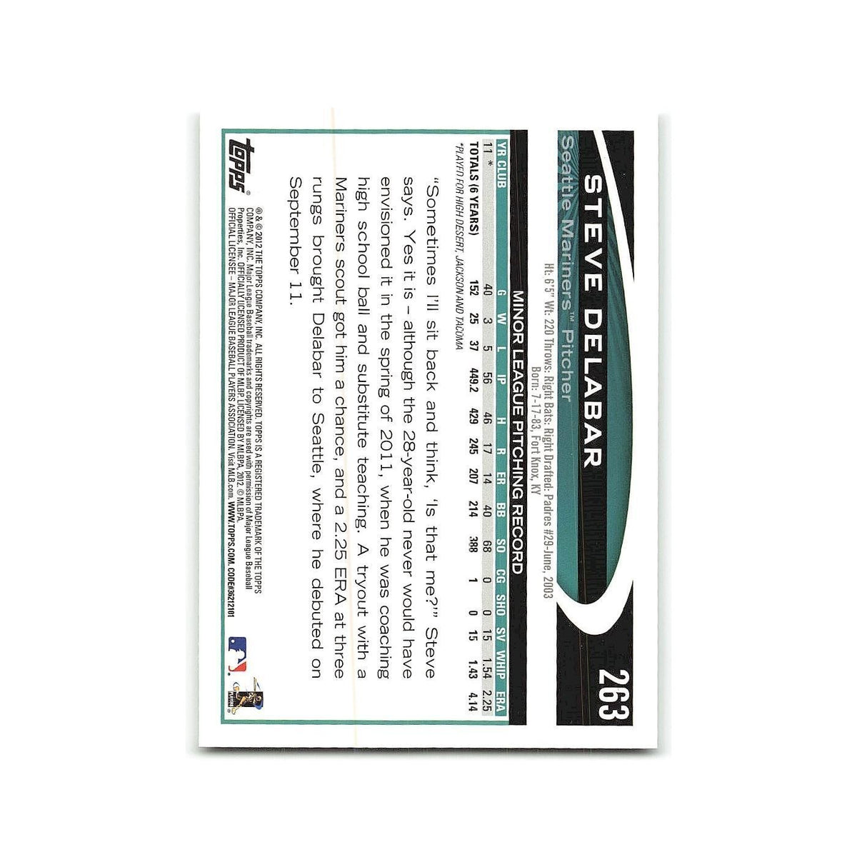 Steve Delabar Rookie 2012 Topps #263 Seattle Mariners Baseball Card NM