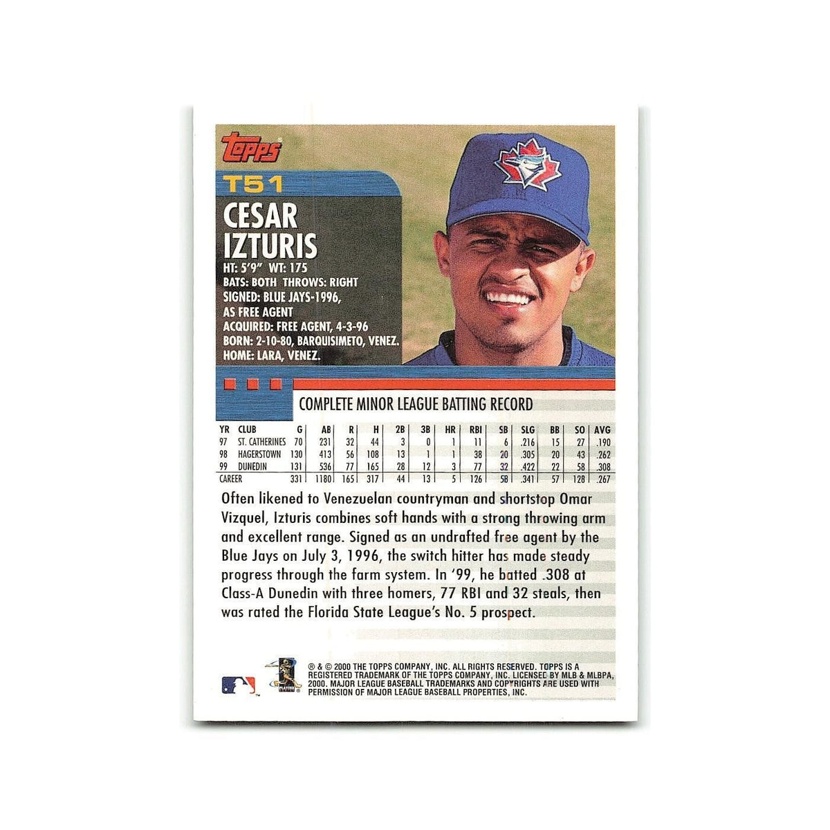 Cesar Izturis Rookie 2000 Topps Traded #T51 Toronto Blue Jays Baseball Card NM