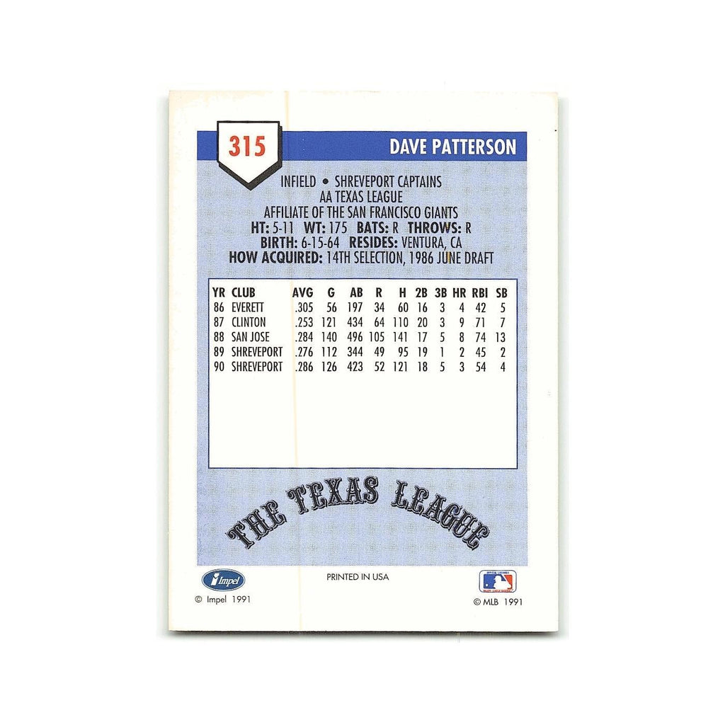 Dave Patterson 1991 Line Drive AA #315 Shreveport Captains Baseball Card NM