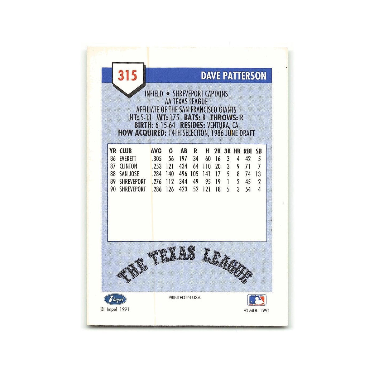 Dave Patterson 1991 Line Drive AA #315 Shreveport Captains Baseball Card NM