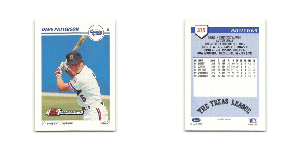 Dave Patterson 1991 Line Drive AA #315 Shreveport Captains Baseball Card NM