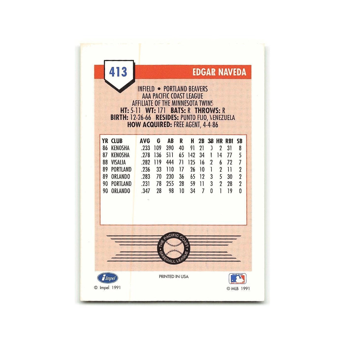 Edgar Naveda 1991 Line Drive AAA #413 Portland Beavers Baseball Card NM