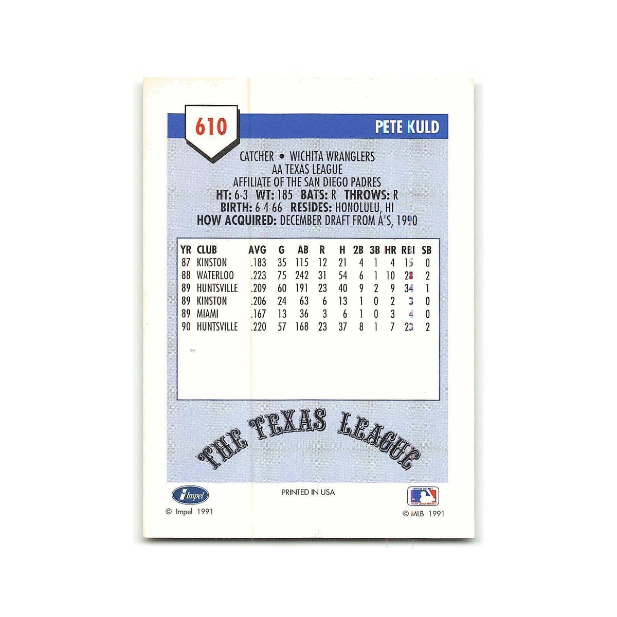Pete Kuld 1991 Line Drive AA #610 Wichita Wranglers Baseball Card NM