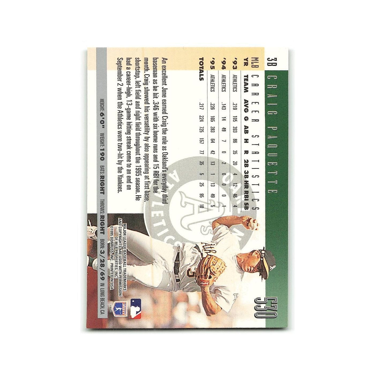 Craig Paquette 1996 Donruss #530 Oakland Athletics Baseball Card NM