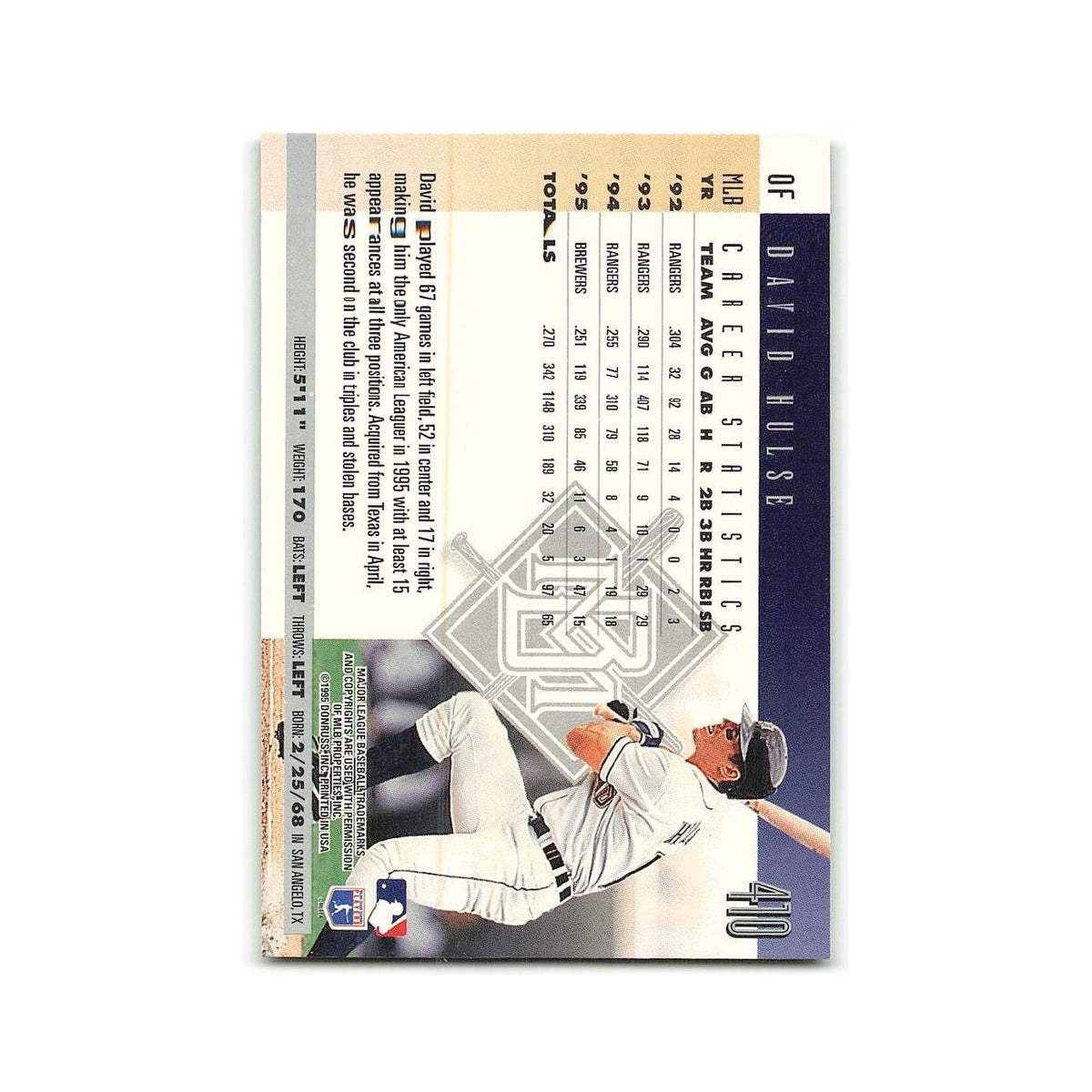 David Hulse 1996 Donruss #410 Milwaukee Brewers Baseball Card NM