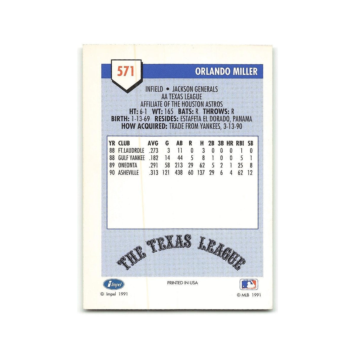 Orlando Miller 1991 Line Drive AA #571 Jackson Generals Baseball Card NM