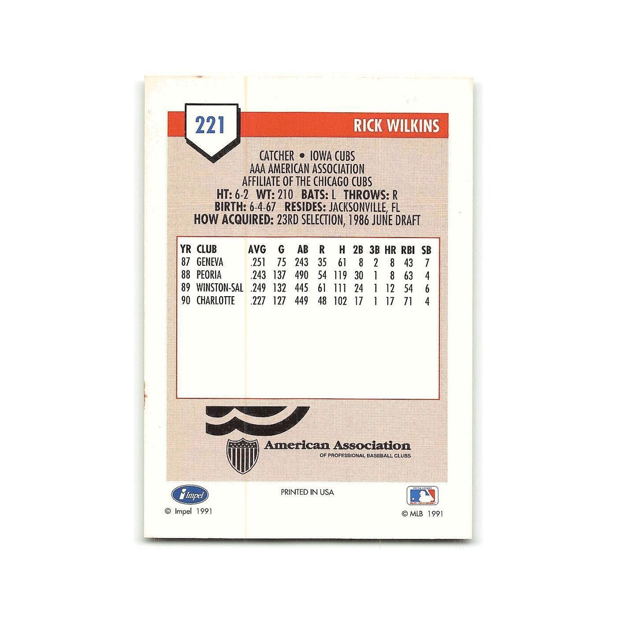 Rick Wilkins 1991 Line Drive AAA #221 Iowa Cubs Baseball Card NM