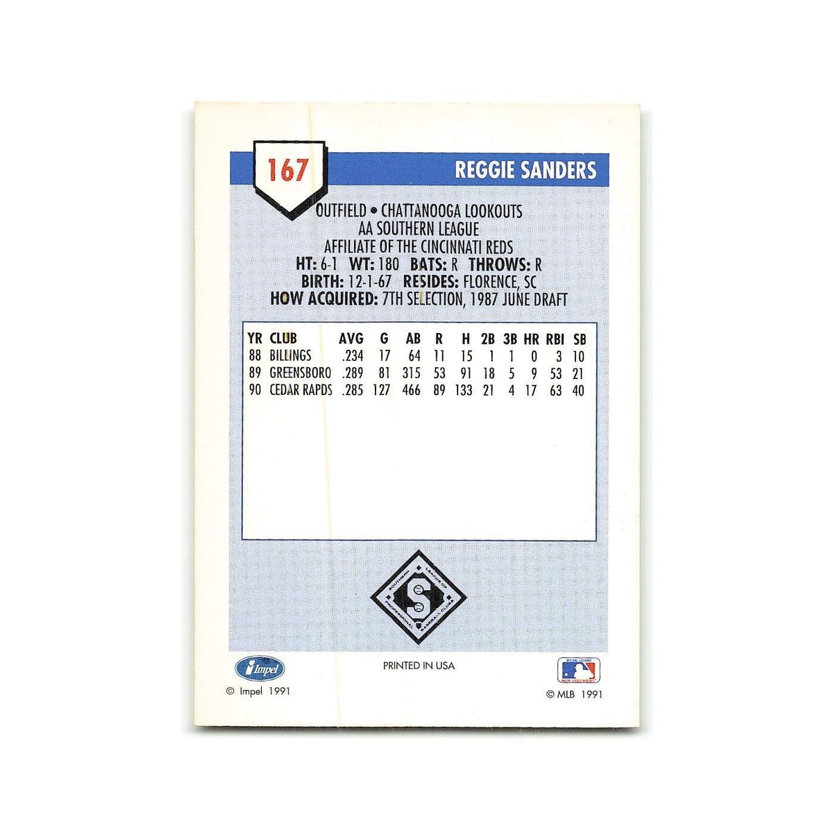 Reggie Sanders 1991 Line Drive AA #167 Chattanooga Lookouts Baseball Card NM