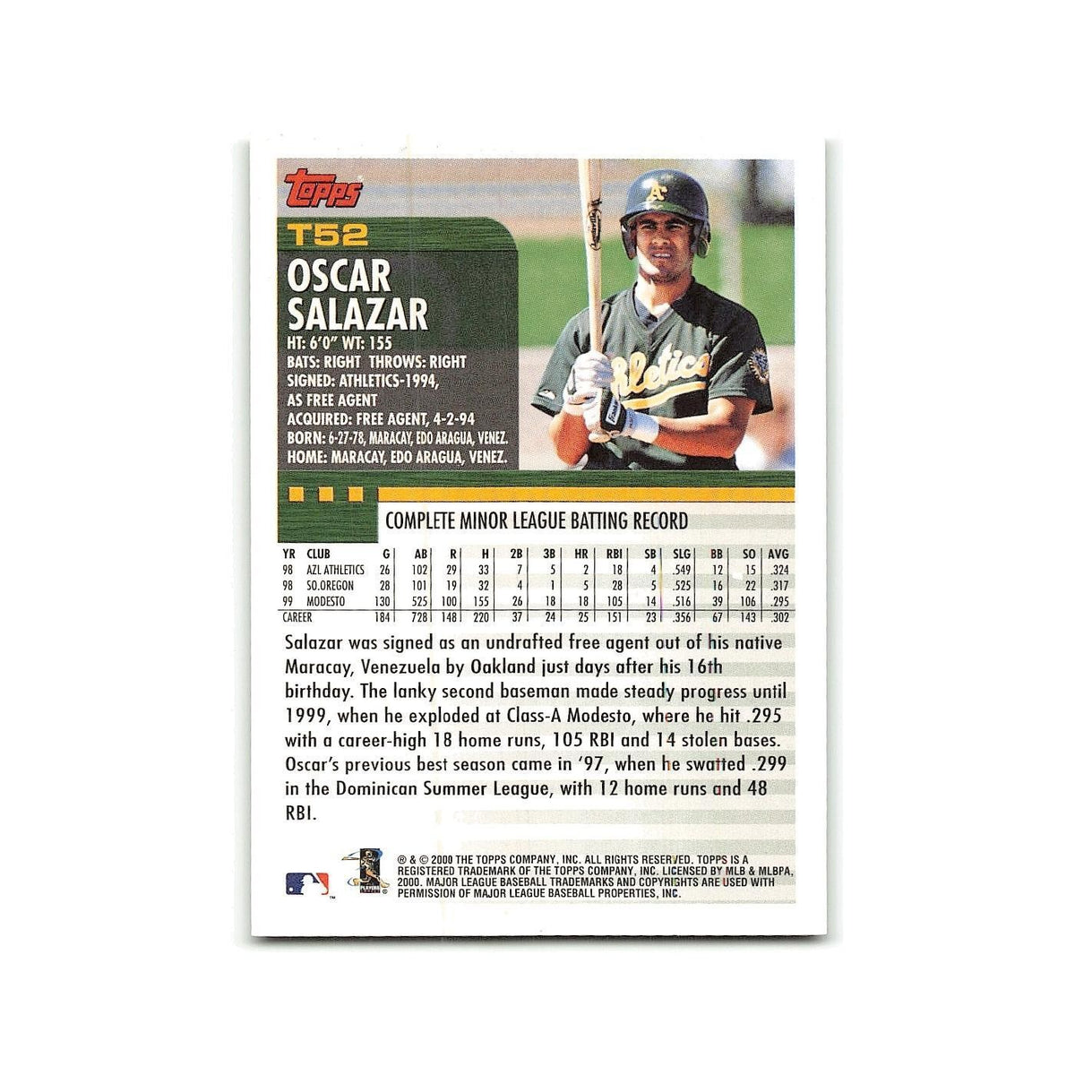 Oscar Salazar Rookie 2000 Topps Traded #T52 Oakland Athletics Baseball Card NM