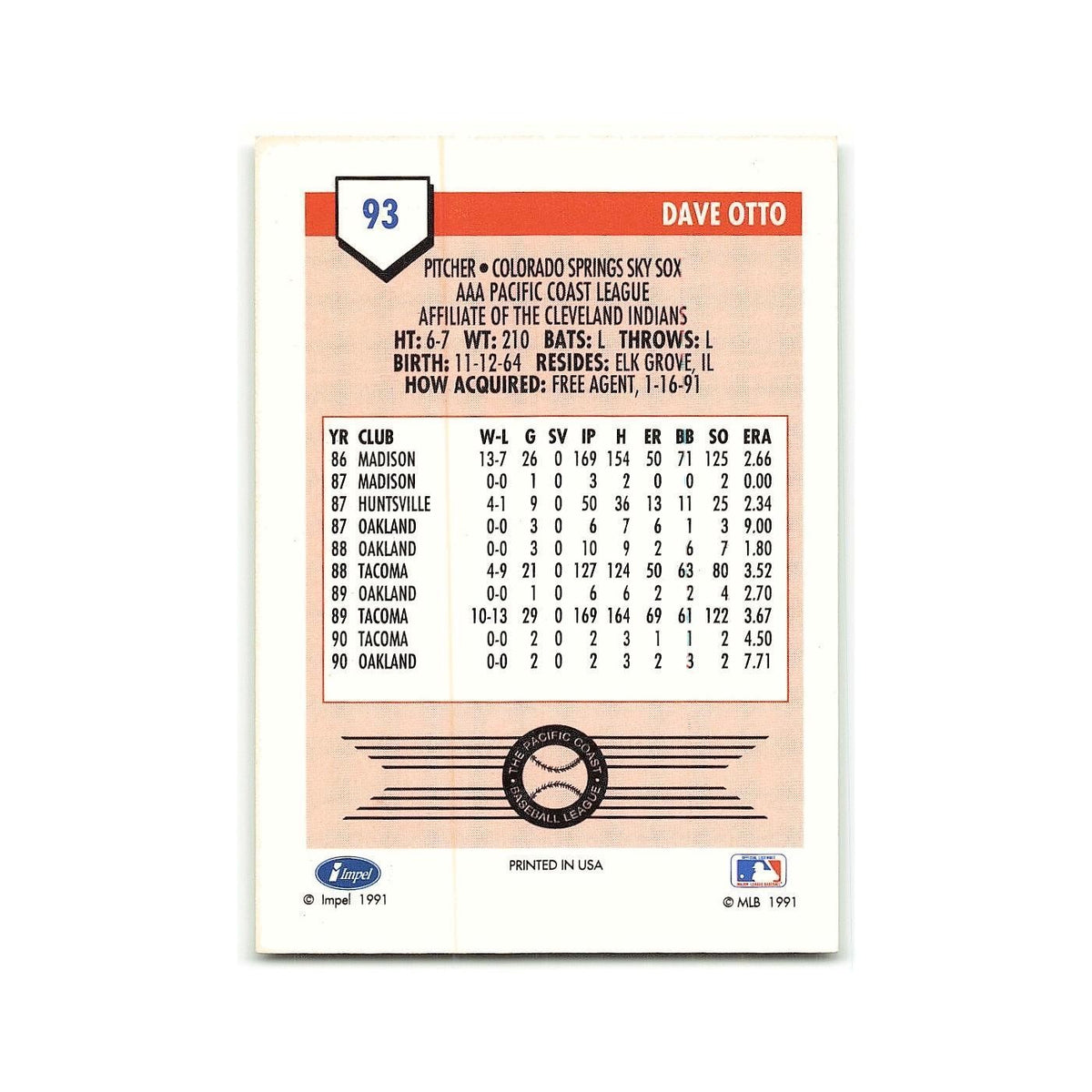Dave Otto 1991 Line Drive AAA #93 Colorado Springs Sky Sox Baseball Card NM