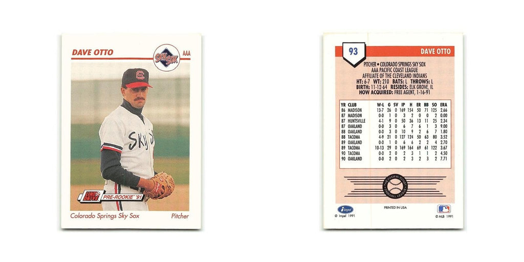 Dave Otto 1991 Line Drive AAA #93 Colorado Springs Sky Sox Baseball Card NM