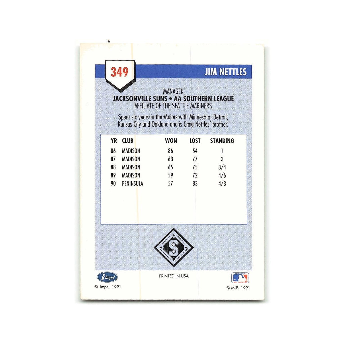 Jim Nettles 1991 Line Drive AA #349 Jacksonville Suns Baseball Card NM