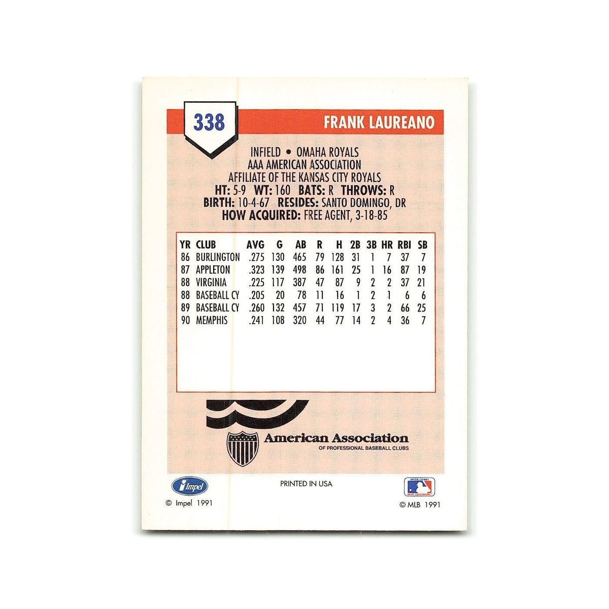 Frank Laureano 1991 Line Drive AAA #338 Omaha Royals Baseball Card NM